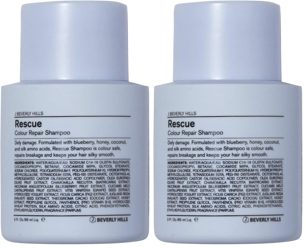 J Beverly Hills Blue Rescue Shampoo two-pack front view, color-safe cleansing for damaged color-treated hair.