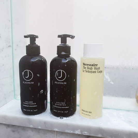 J Beverly Hills Platinum Volume Conditioner label closeup highlights pro-vitamin B5 and silk proteins.