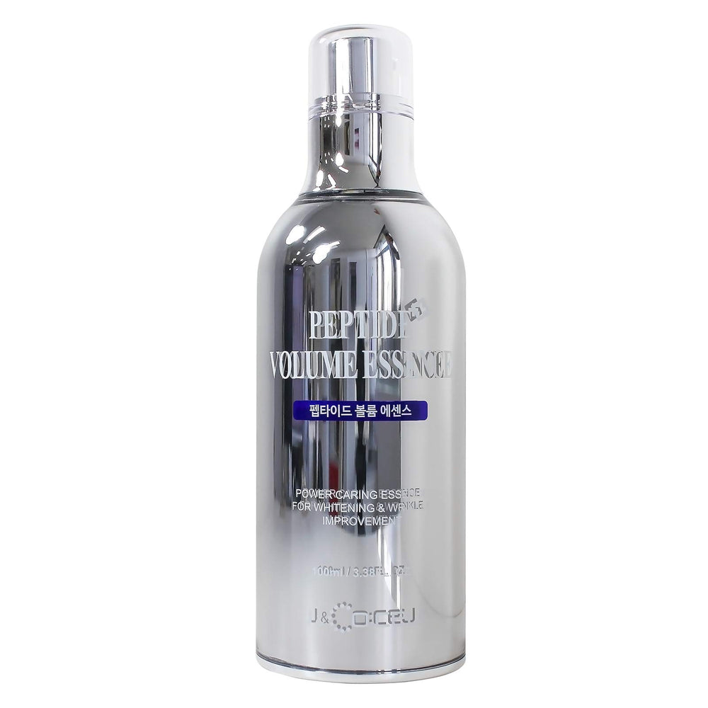 J & Coceu Peptide Volume Skin Essence bottle with light blue serum for hydration and elasticity.