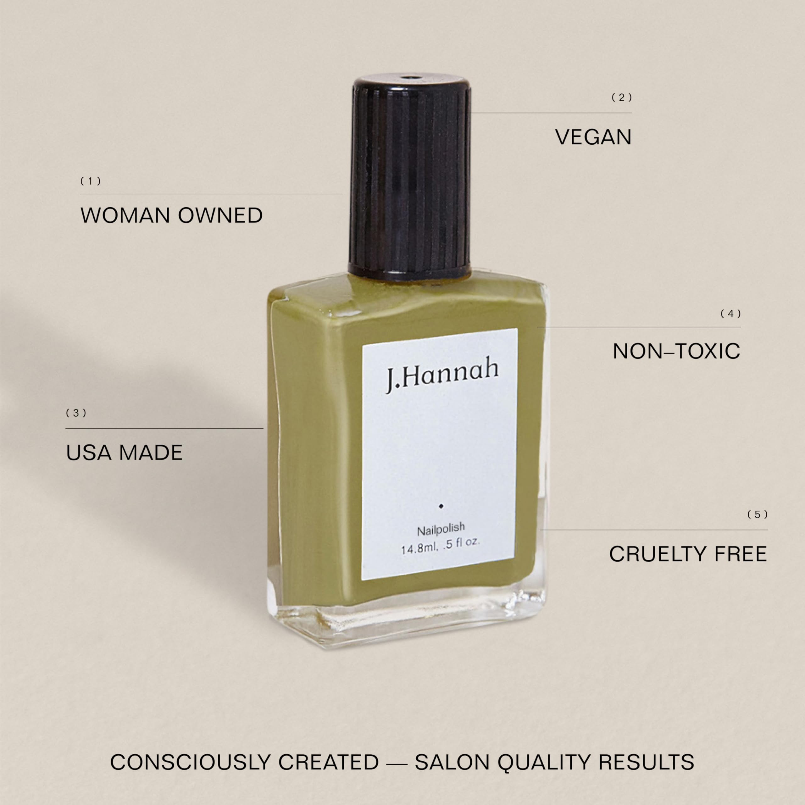 J. Hannah bottle front shows earthy chartreuse shade for standout color