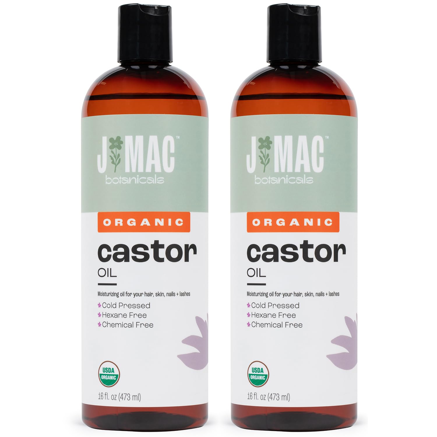 J Mac Botanicals castor oil bottle front shows pure organic formula for skin and hair care.