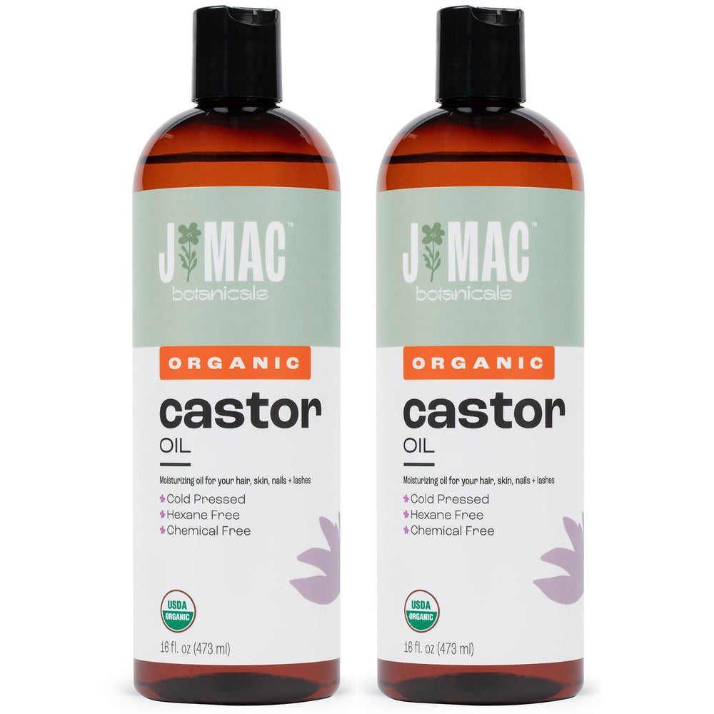 J Mac Botanicals castor oil bottle front shows pure organic formula for skin and hair care.