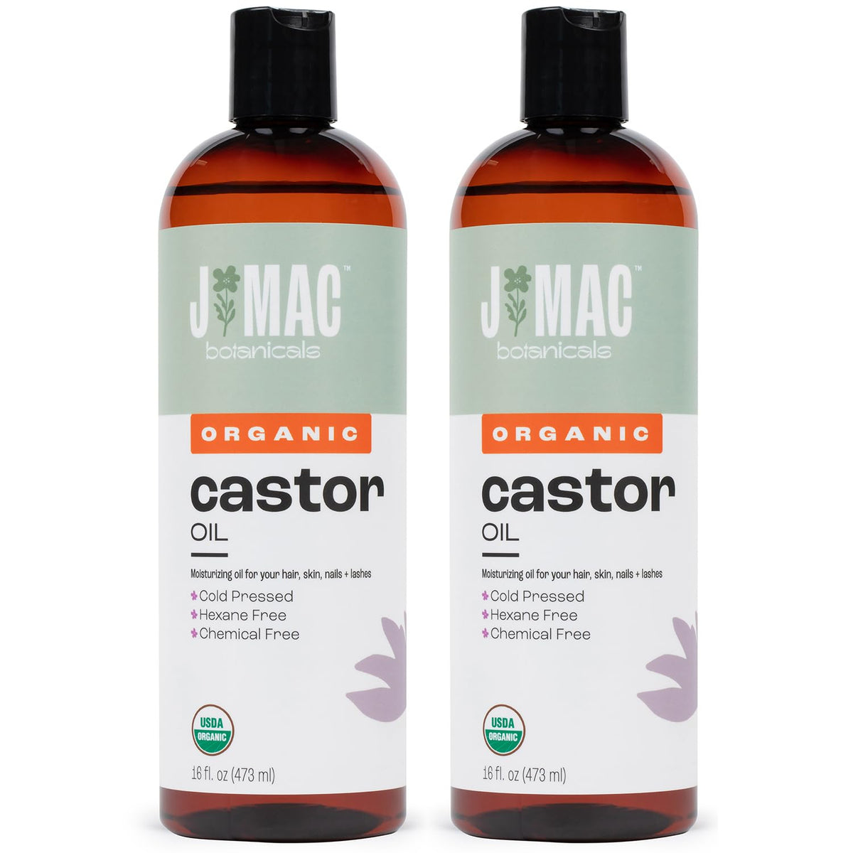 J Mac Botanicals castor oil bottle front shows pure organic formula for skin and hair care.
