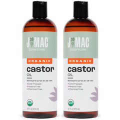 J Mac Botanicals castor oil bottle front shows pure organic formula for skin and hair care.