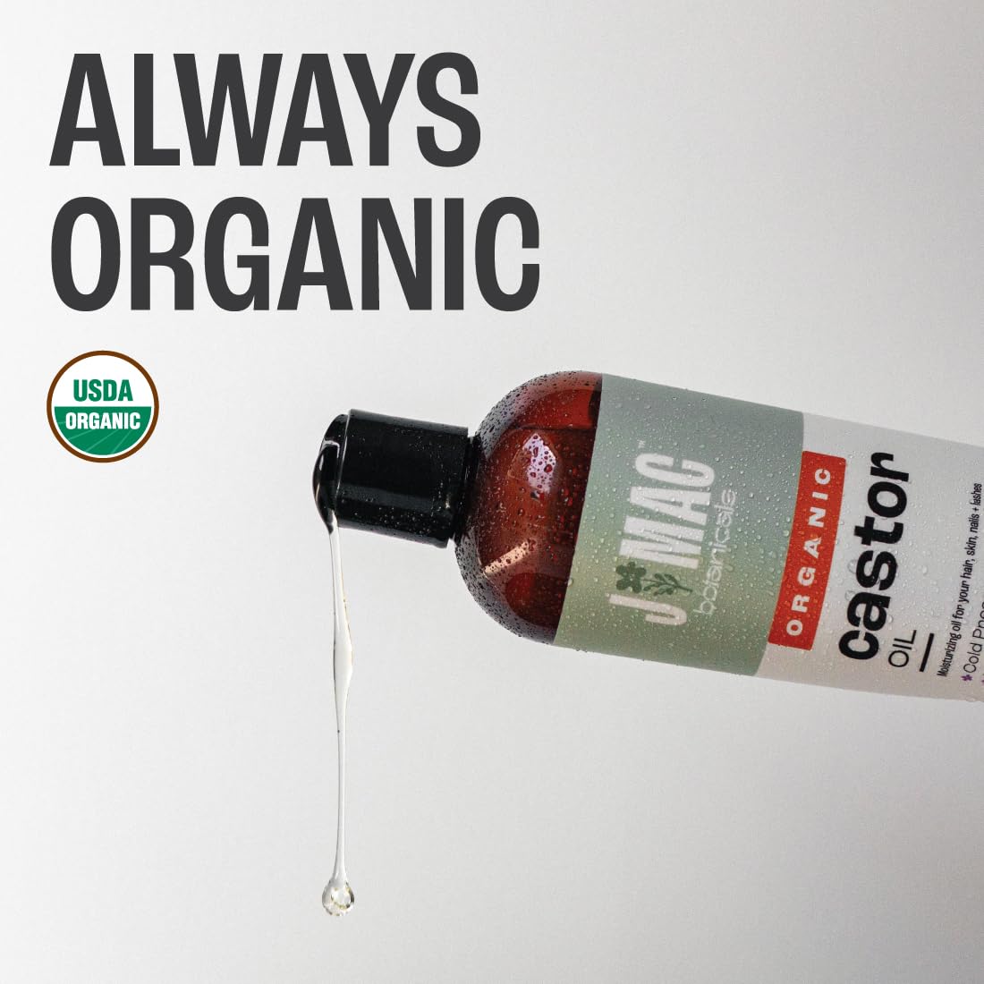J Mac Botanicals castor oil bottle pour highlights easy application for brows, lashes, and face.