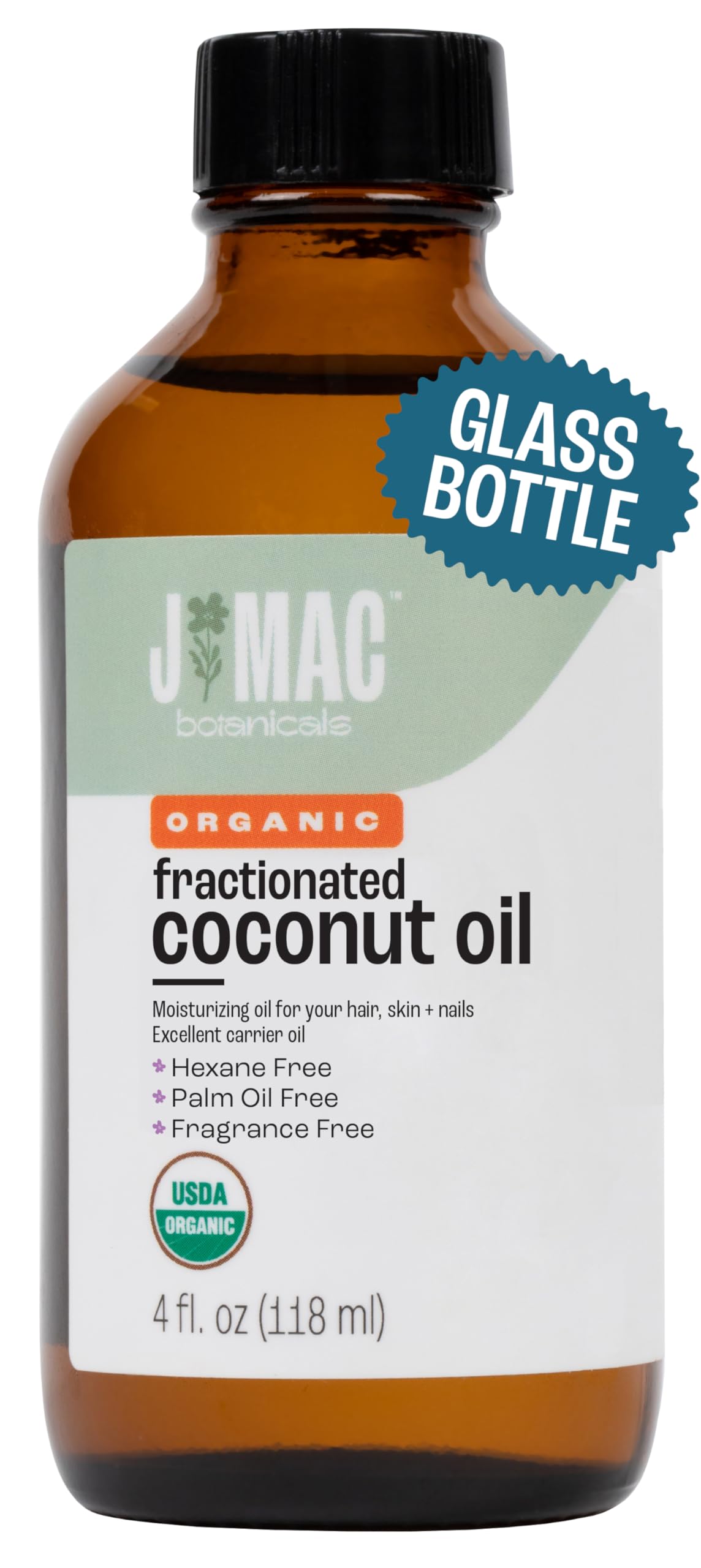 J MAC BOTANICALS fractionated coconut oil bottle; versatile carrier for skin and hair care.