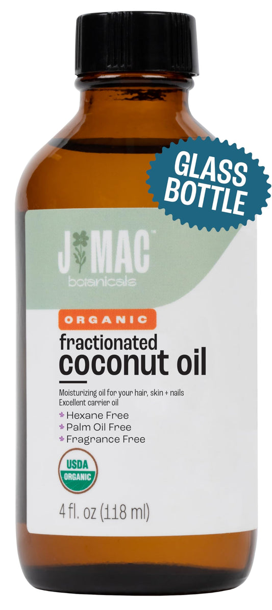 J MAC BOTANICALS fractionated coconut oil bottle; versatile carrier for skin and hair care.