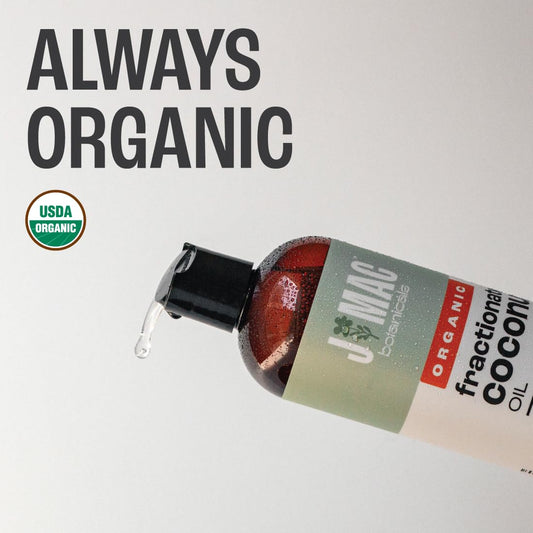 J Mac Botanicals Fractionated Coconut Oil pour, smooth texture for aromatherapy and massage.