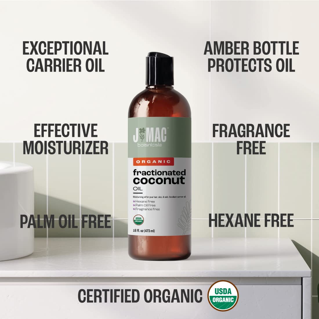 J Mac Botanicals Fractionated Coconut Oil for skin care, fragrance-free moisturizer.