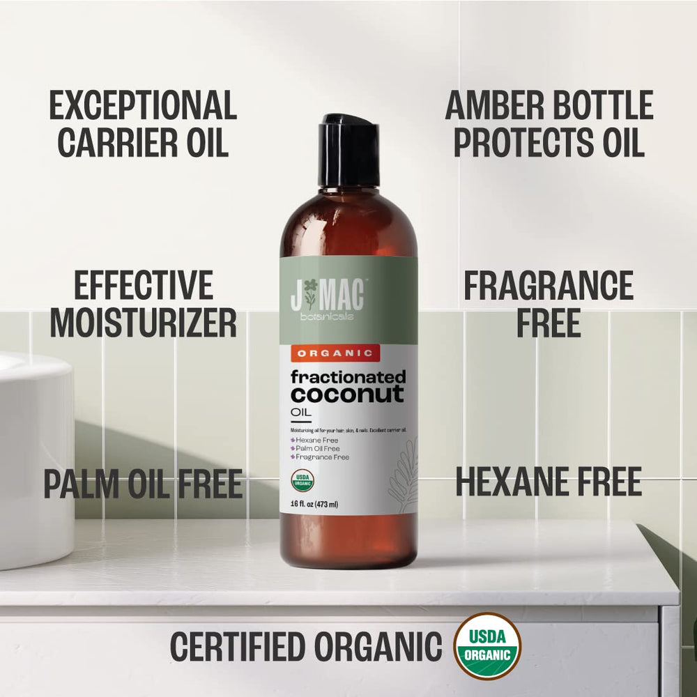 J Mac Botanicals Fractionated Coconut Oil for skin care, fragrance-free moisturizer.
