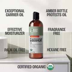 J Mac Botanicals Fractionated Coconut Oil for skin care, fragrance-free moisturizer.