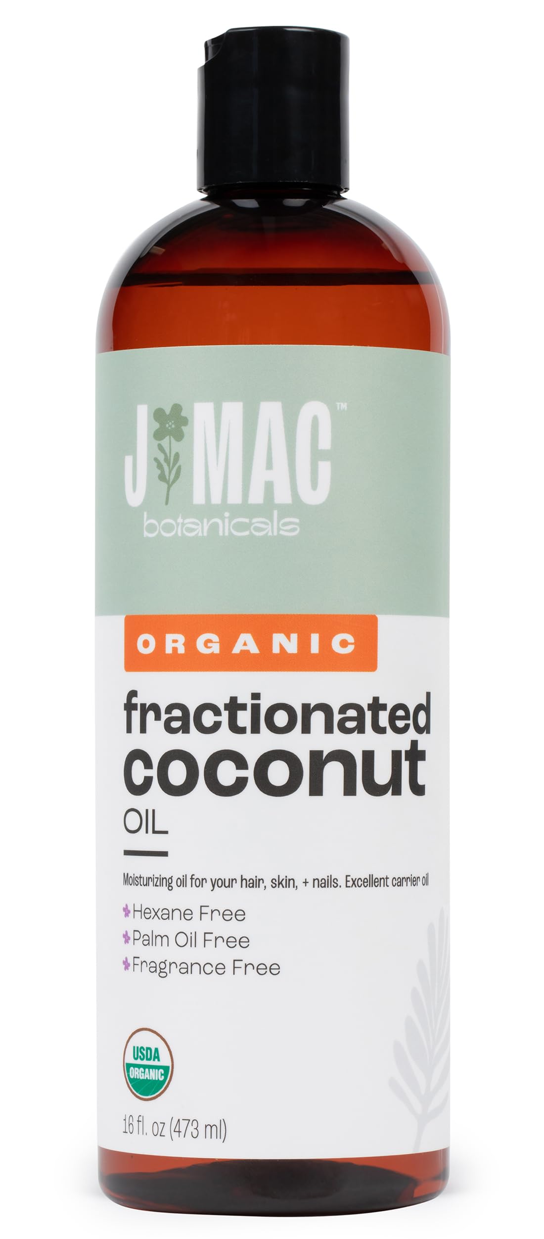J MAC Botanicals Organic Fractionated Coconut Oil bottle pour for easy application.