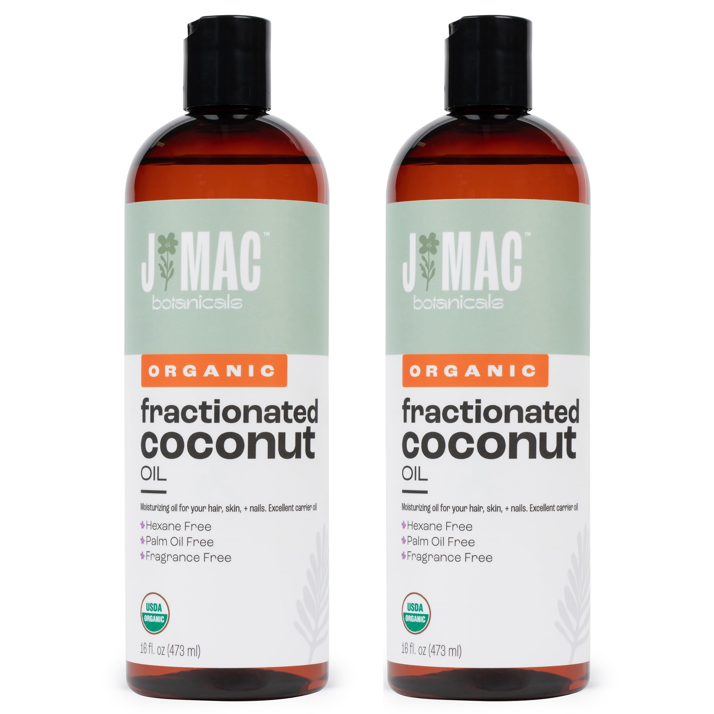 J Mac Botanicals Organic Fractionated Coconut Oil bottle, versatile carrier for essential oils.