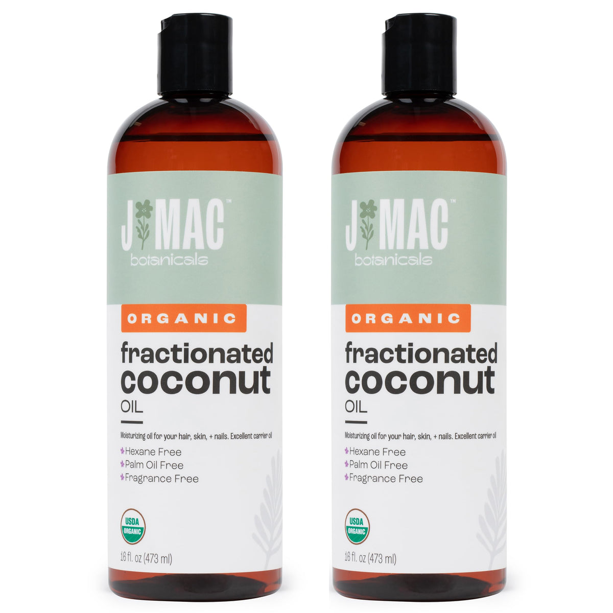 J Mac Botanicals Organic Fractionated Coconut Oil bottle, versatile carrier for essential oils.