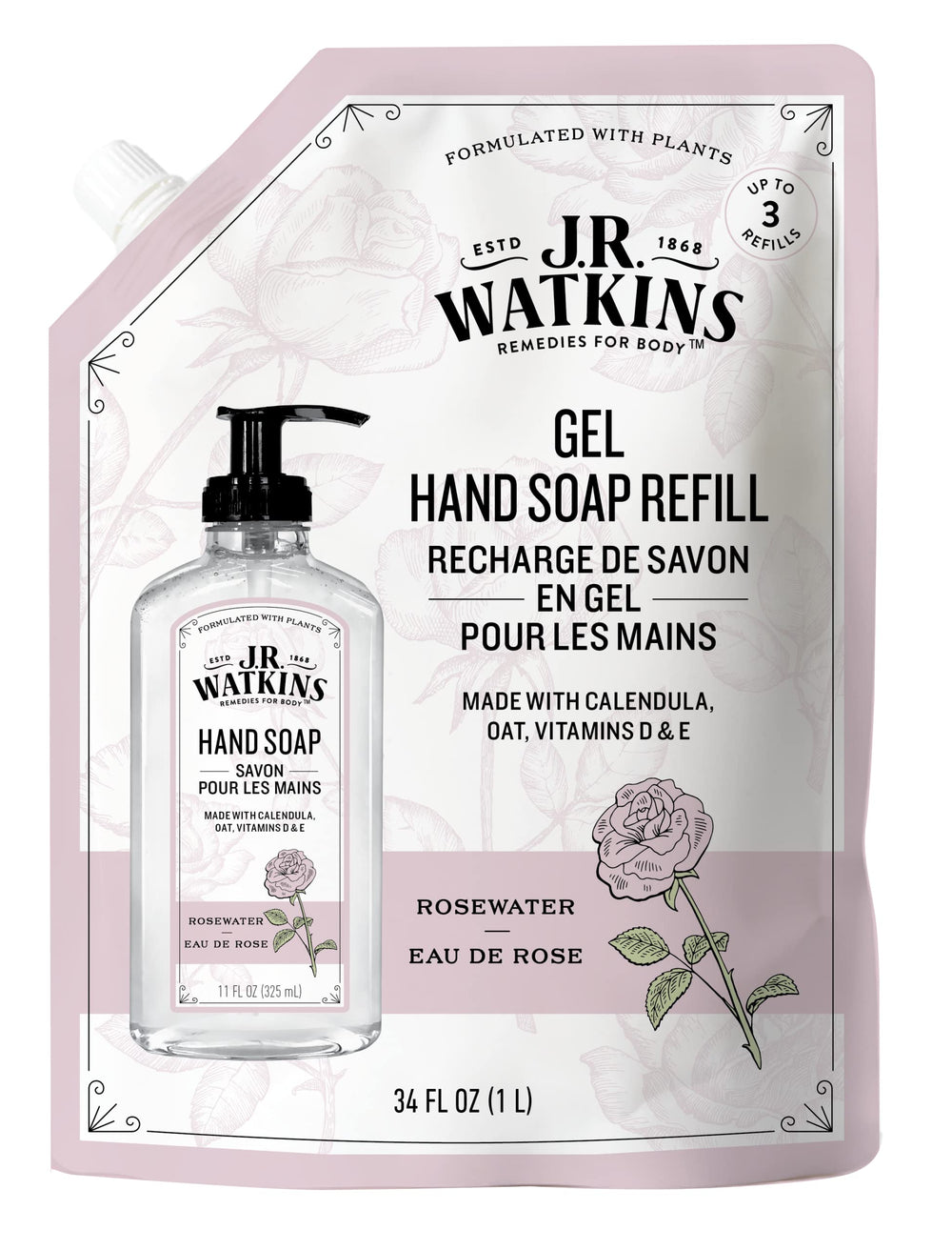 J.R. Watkins Rosewater hand soap refill pouch ready for easy bottle refills.