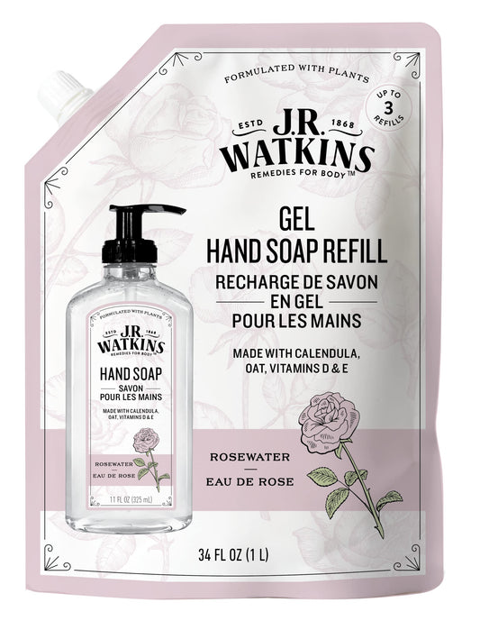 J.R. Watkins Rosewater hand soap refill pouch ready for easy bottle refills.