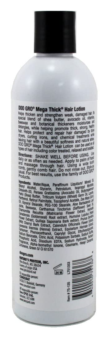 Doo Gro Hair Lotion ingredients highlight shea butter and botanicals for nourished hair.