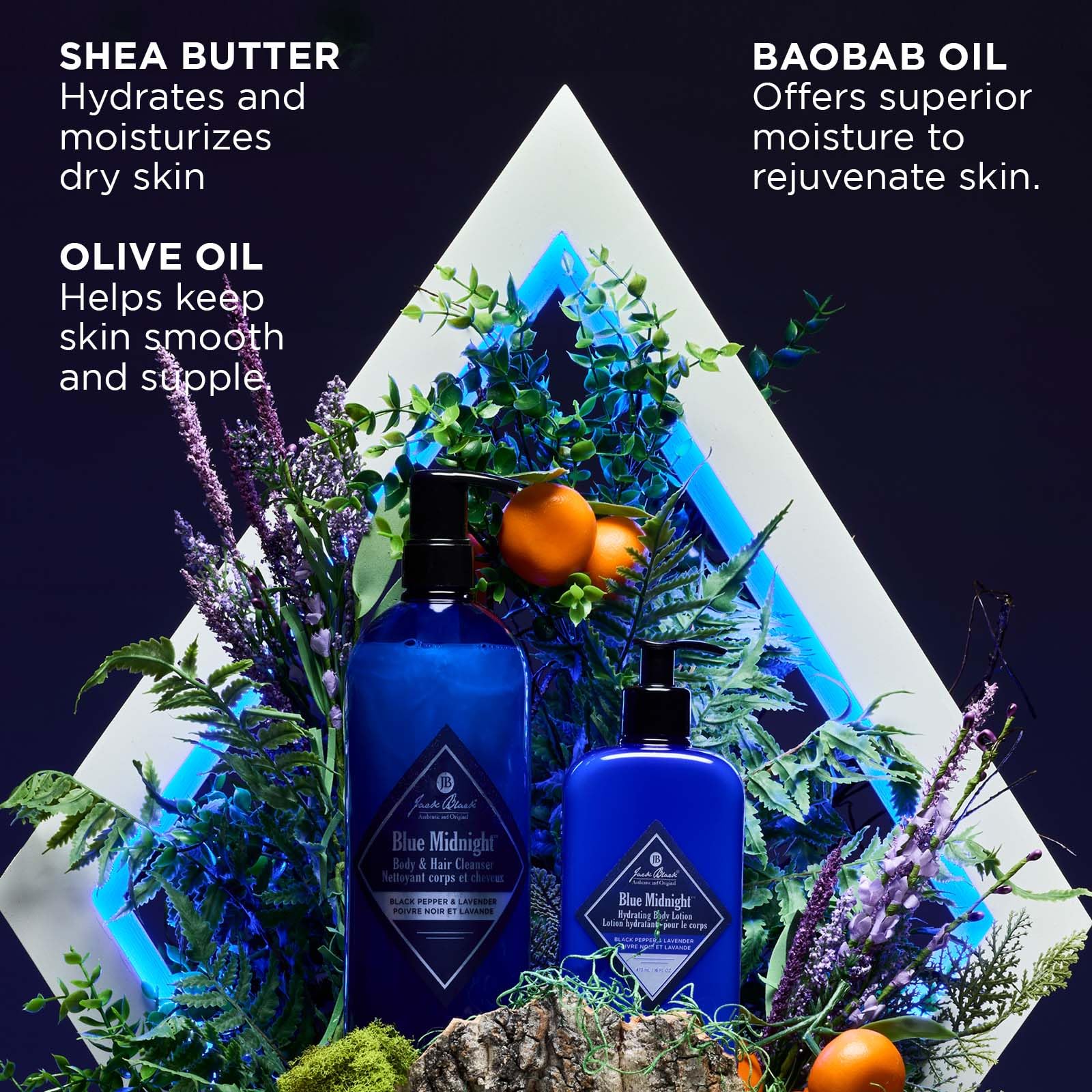 Jack Black Blue Midnight bottle closeup highlights the scent-led, woodsy wash experience.
