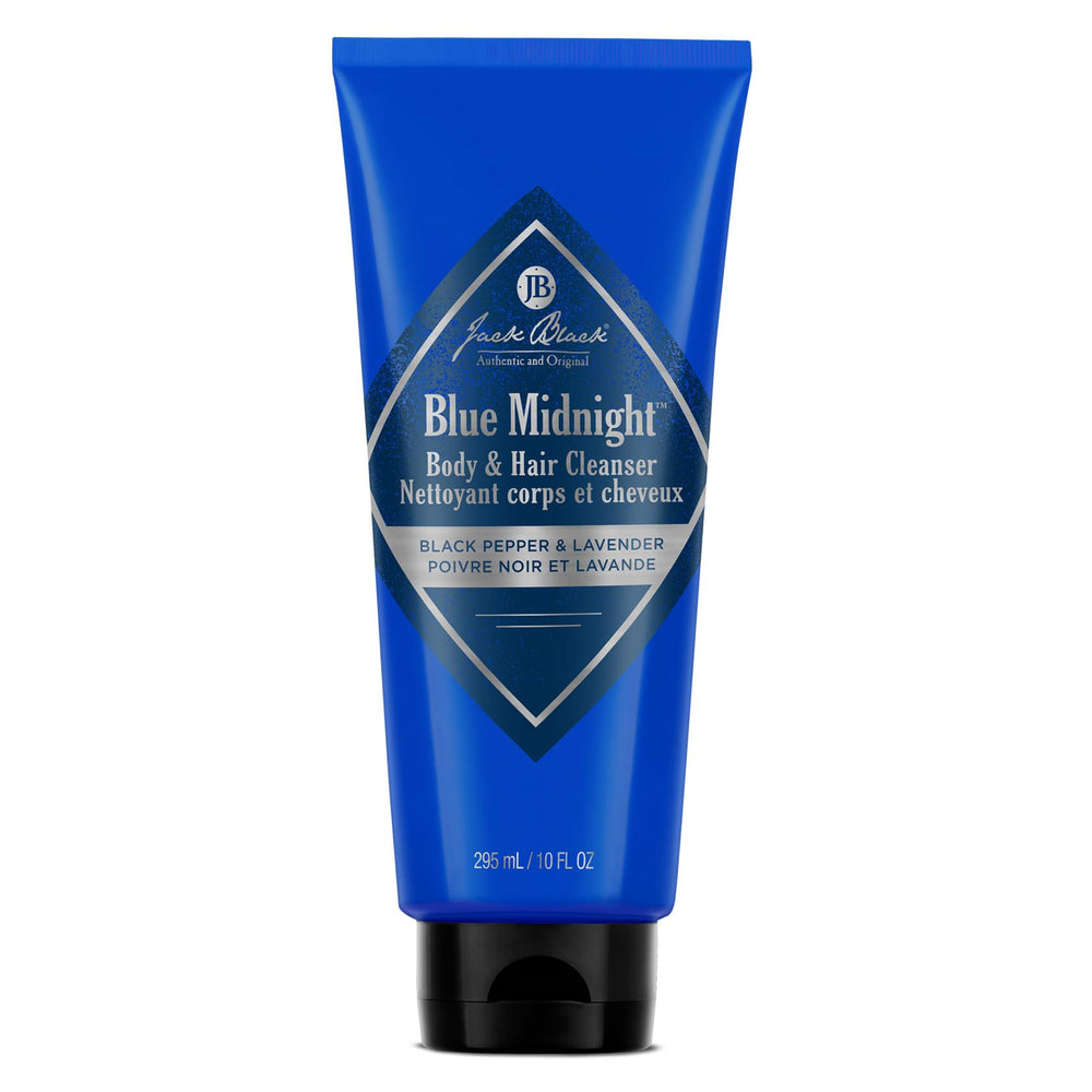Jack Black Blue Midnight bottle front, dual-purpose cleanser for body and hair.