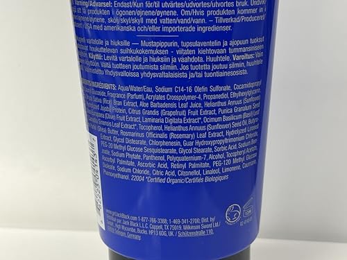 Jack Black Blue Midnight in a shower scene, dual cleanse for body and hair.