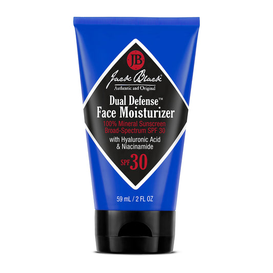 Jack Black Dual Defense SPF 30 bottle on a clean surface showing weightless hydration