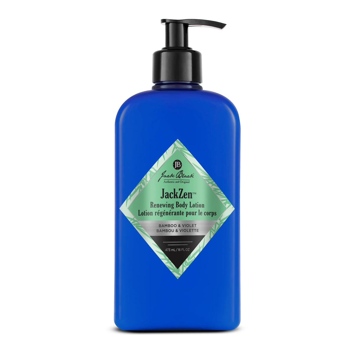 Jack Black JackZen Renewing Body Lotion bottle closeup showing fast-absorbing hydration for dry skin