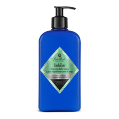 Jack Black JackZen Renewing Body Lotion bottle closeup showing fast-absorbing hydration for dry skin