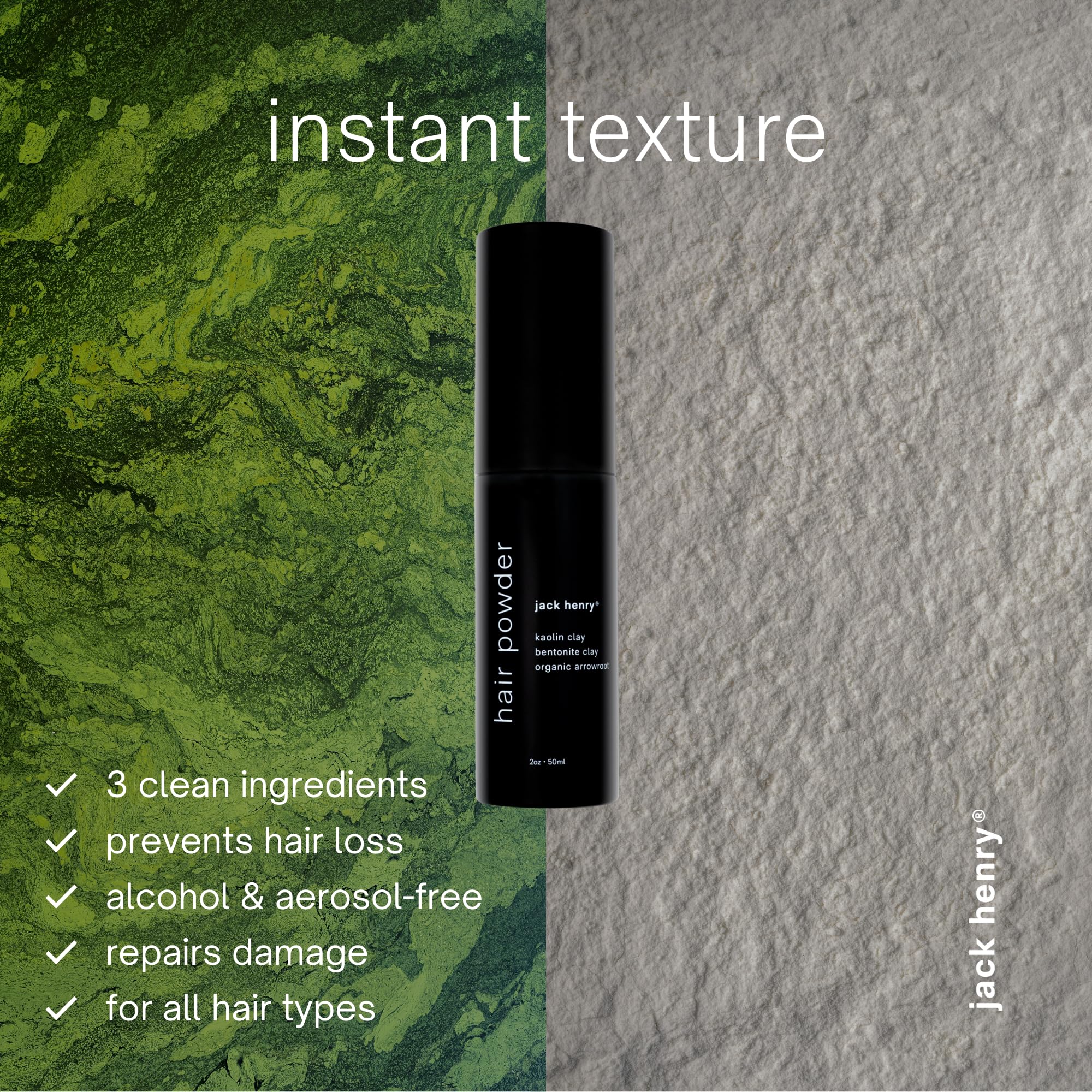 Jack Henry dry shampoo powder texture application shows even root coverage and volume