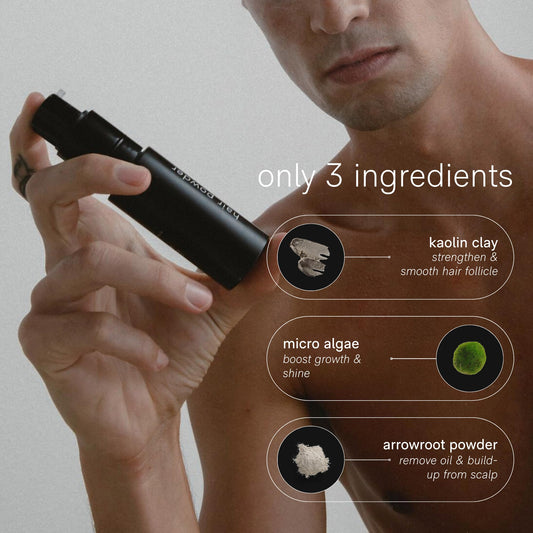 Jack Henry dry shampoo powder pump action demonstrates quick, aerosol-free texture boost