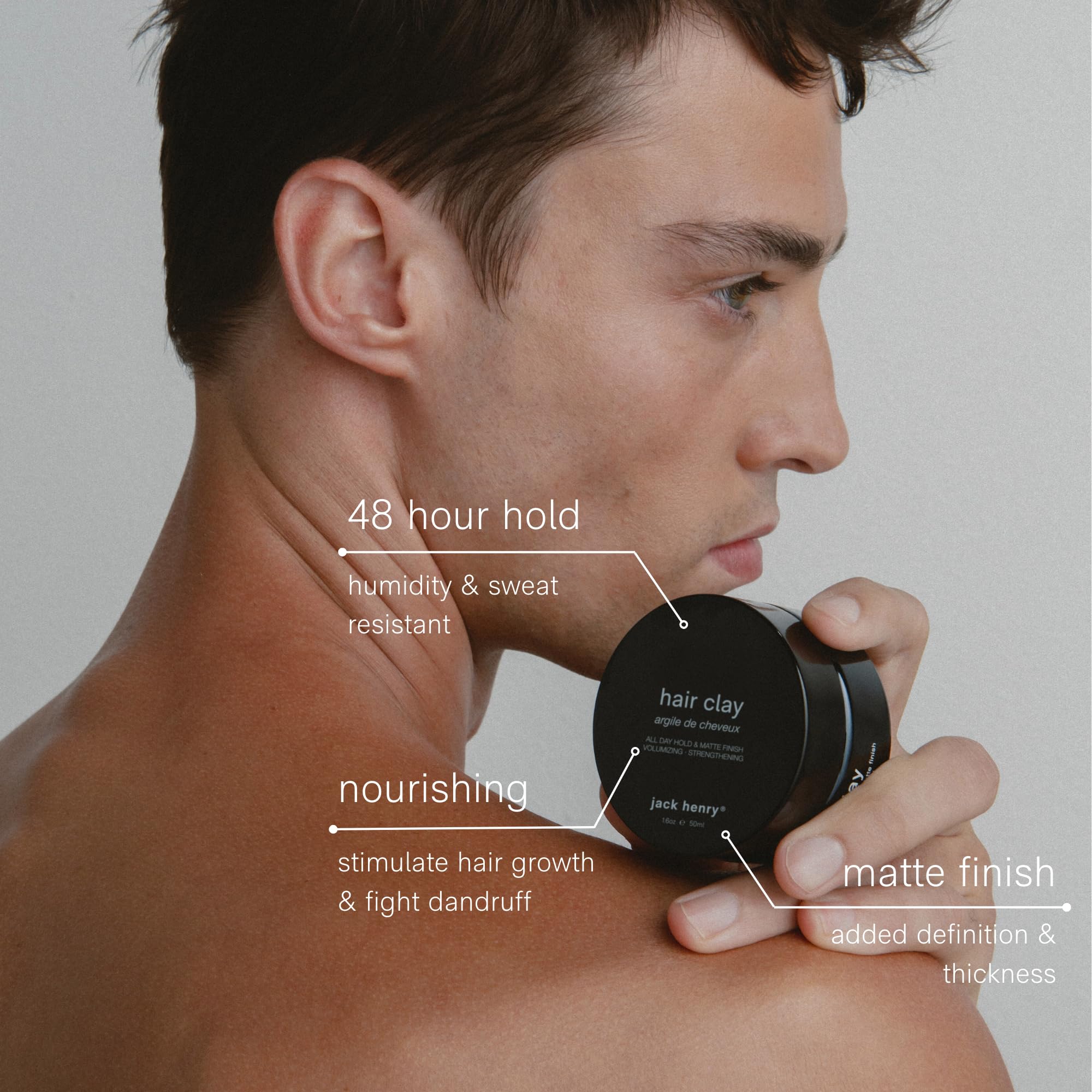 Hair texture and styling with a matte finish using Jack Henry clay.