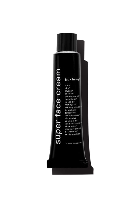 Jack Henry Super Face Cream bottle highlights lightweight hydration for daily use.