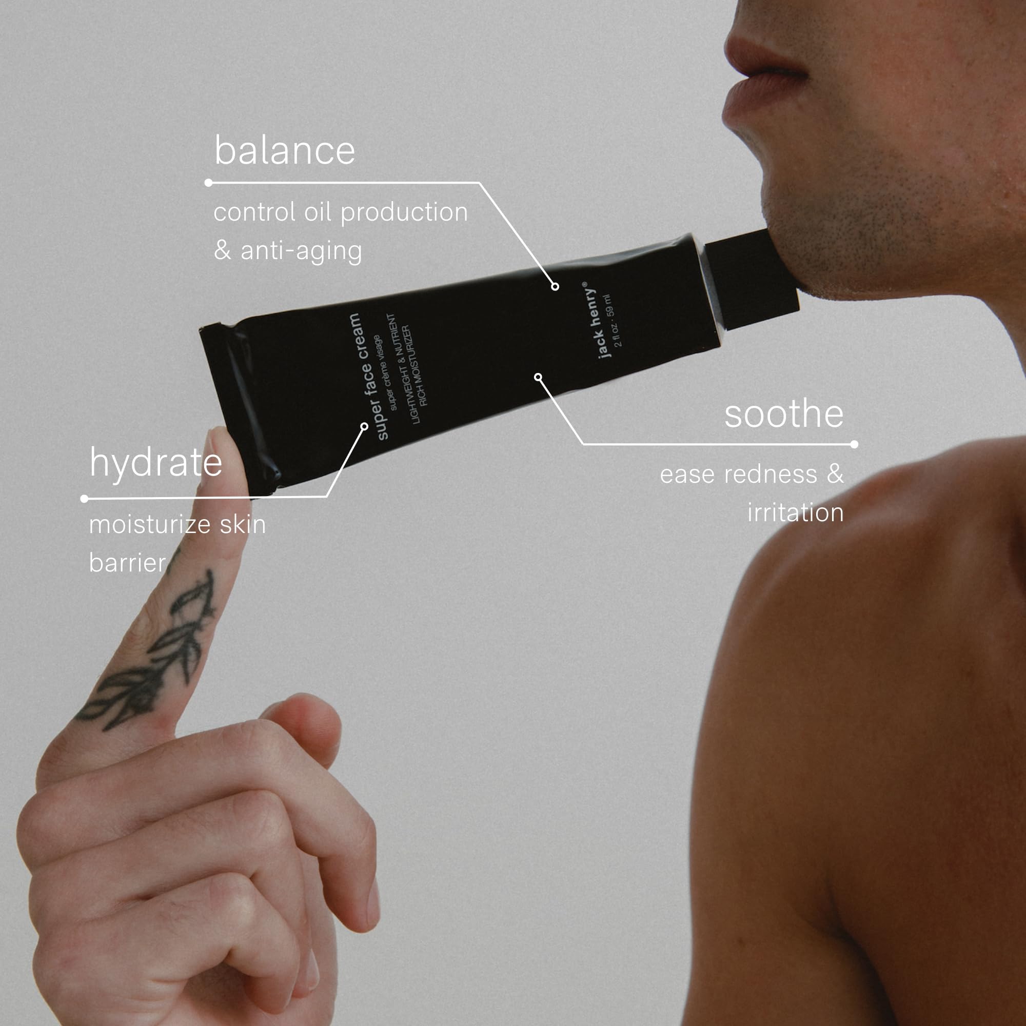 Jack Henry Super Face Cream texture swatch emphasizes quick absorption and non-greasy feel.