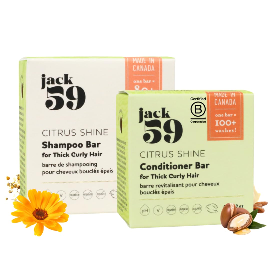 Jack59 Citrus Shine shampoo bar close-up highlighting hydrating formula for defined curls