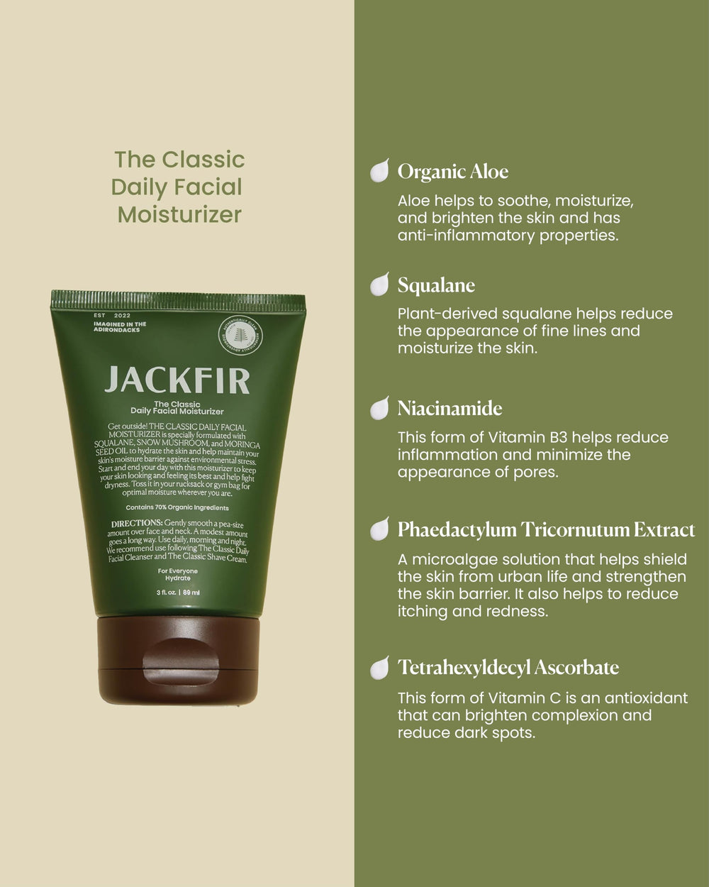 Jackfir Classic moisturizer tube label highlighting clean, organic ingredients for daily use.