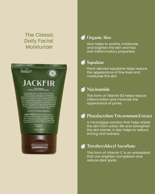 Jackfir Classic moisturizer tube label highlighting clean, organic ingredients for daily use.