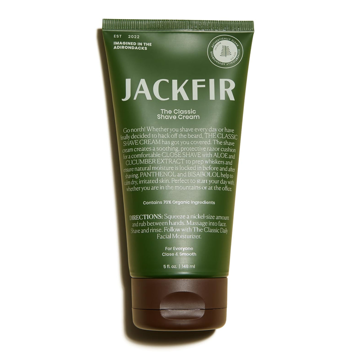 Jackfir Classic Shave Cream front tube shows organic ingredients and hydrating formula.