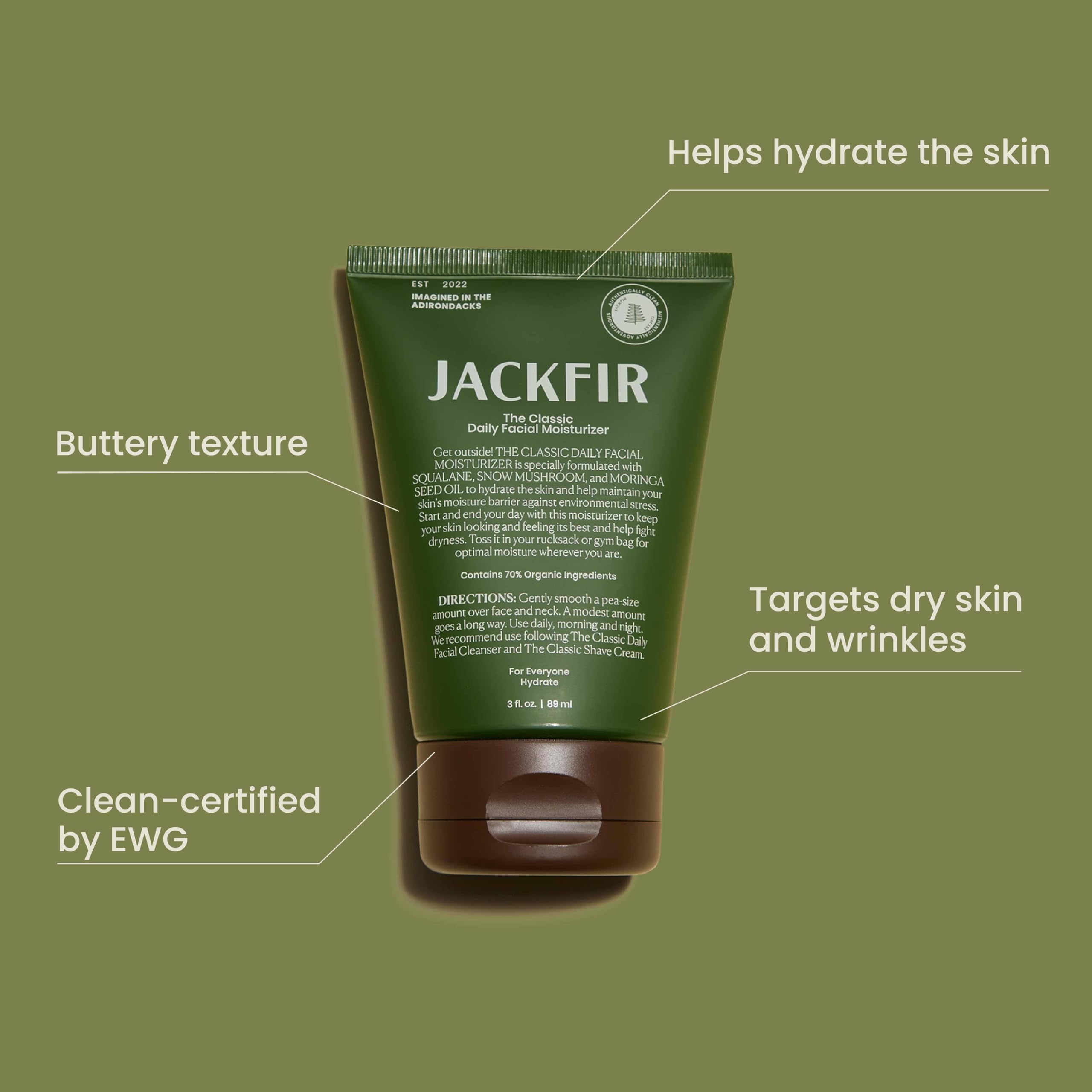 Jackfir packaging with FSC paper emphasizes sustainable, dermatologist-tested skincare.
