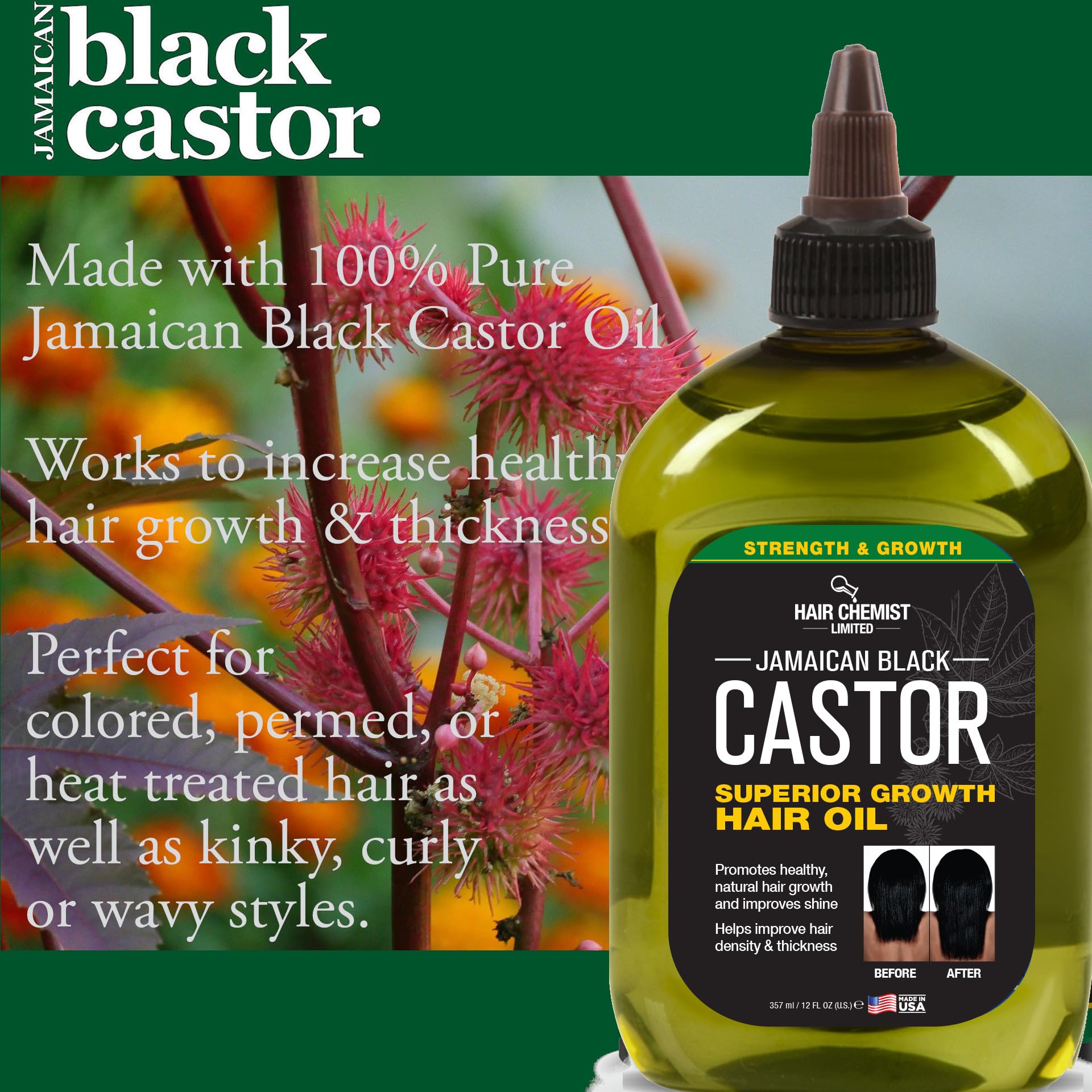 Close-up of Jamaican Black Castor Oil ingredients on the label.