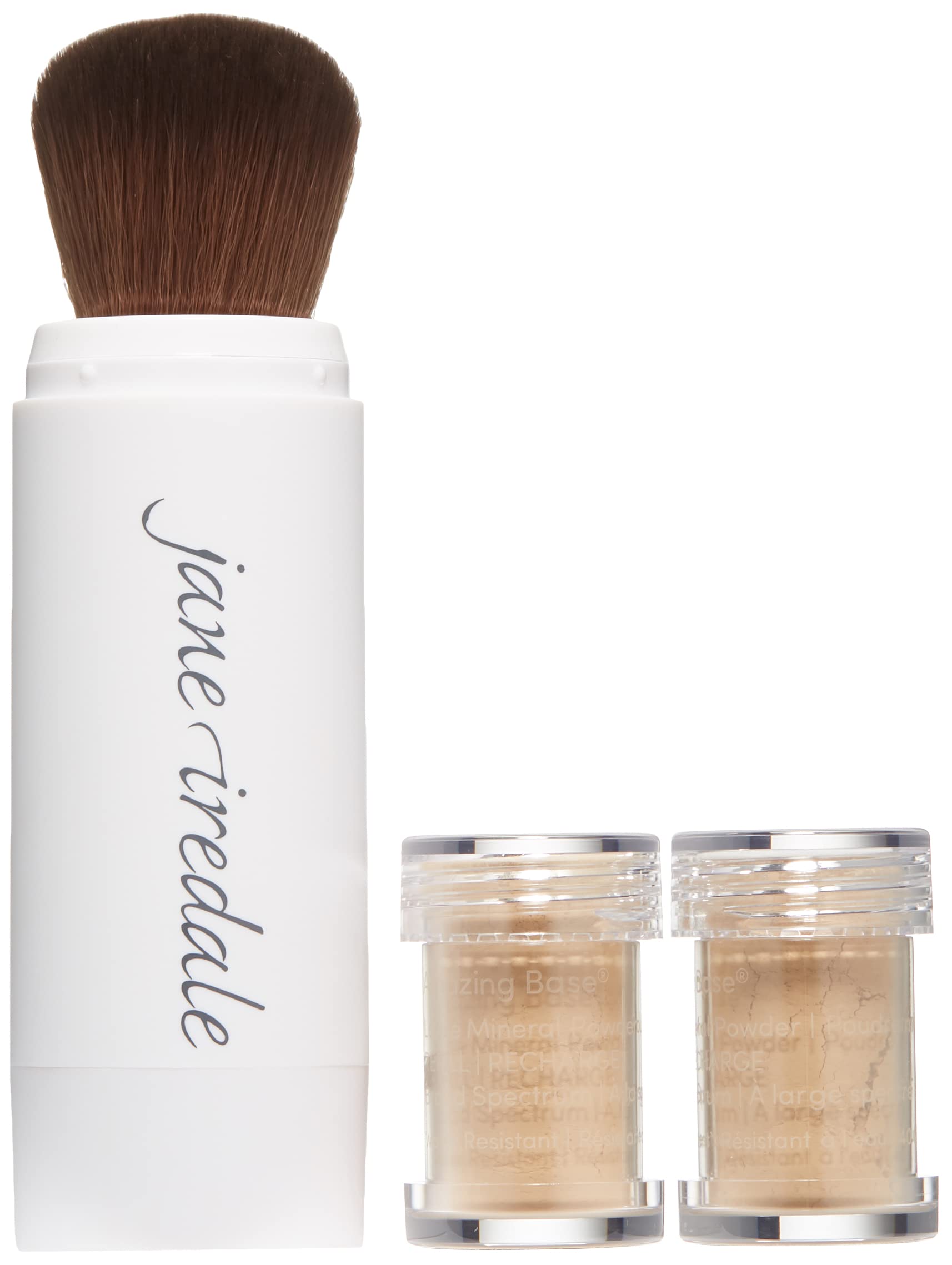 Jane Iredale Amazing Base flow-through brush enables seamless on-the-go application.