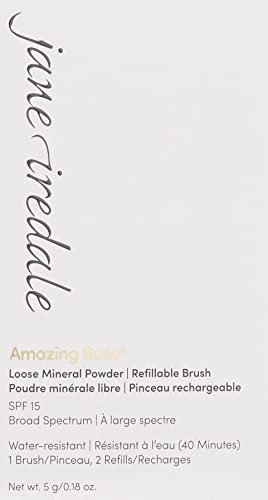 Jane Iredale Amazing Base loose mineral powder being buffed on skin for luminous finish.