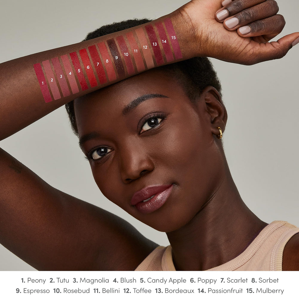jane iredale ColorLuxe lipstick satin finish on lips in soft light