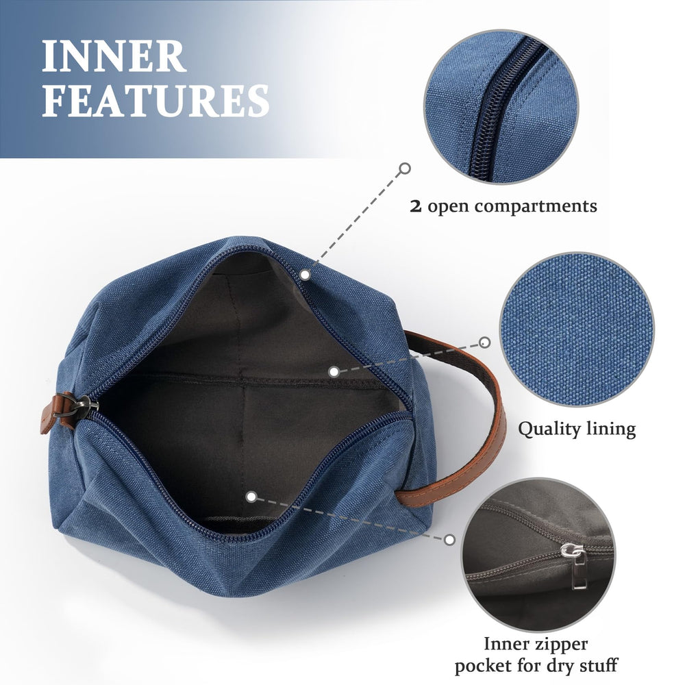 Janhavi toiletry bag blue waterproof lining protects contents during travel.