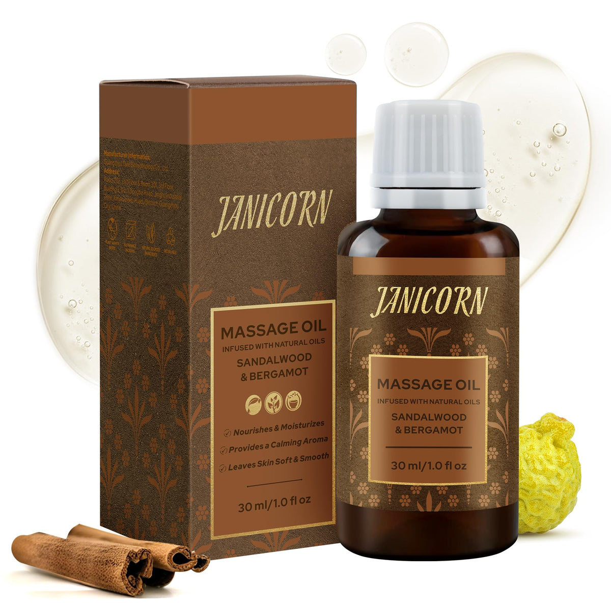 Janicorn sandalwood bergamot bottle on wood for premium aromatherapy and daily rituals