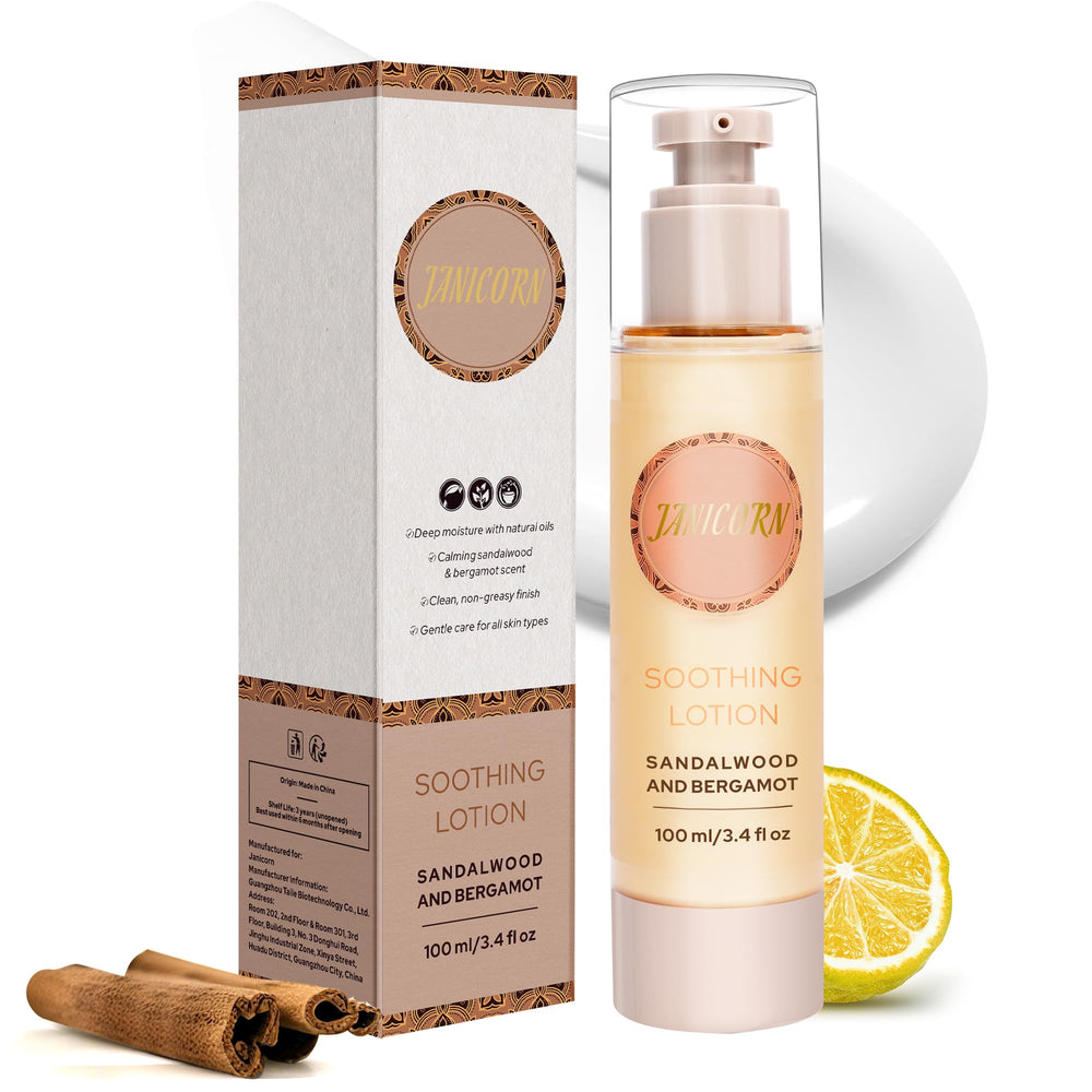 JANICORN sandalwood-bergamot lotion bottle for a calming self-care ritual.