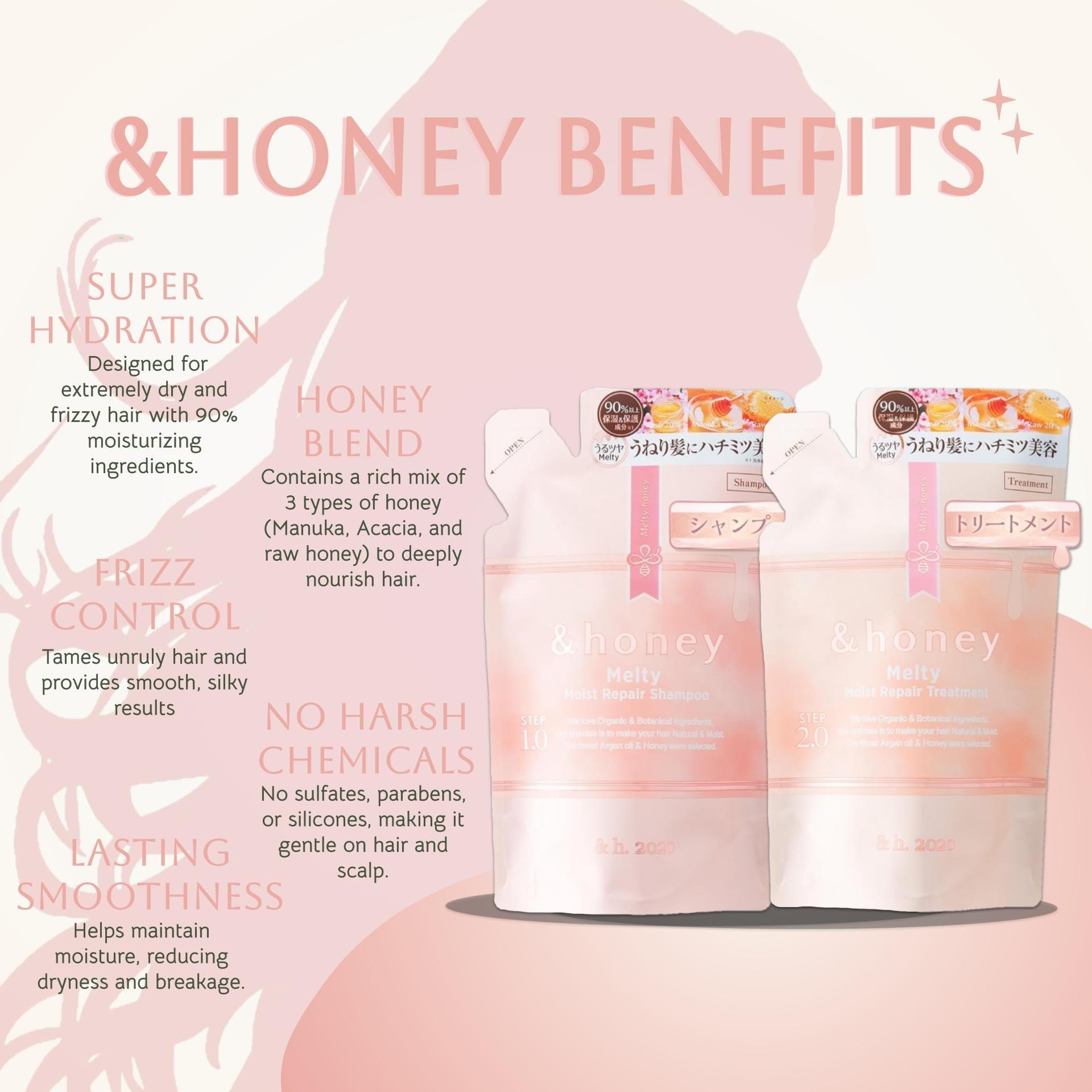 Japanese brand Honey Melty Moist Repair conditioner refill bottle showcases frizz control and smoothness.