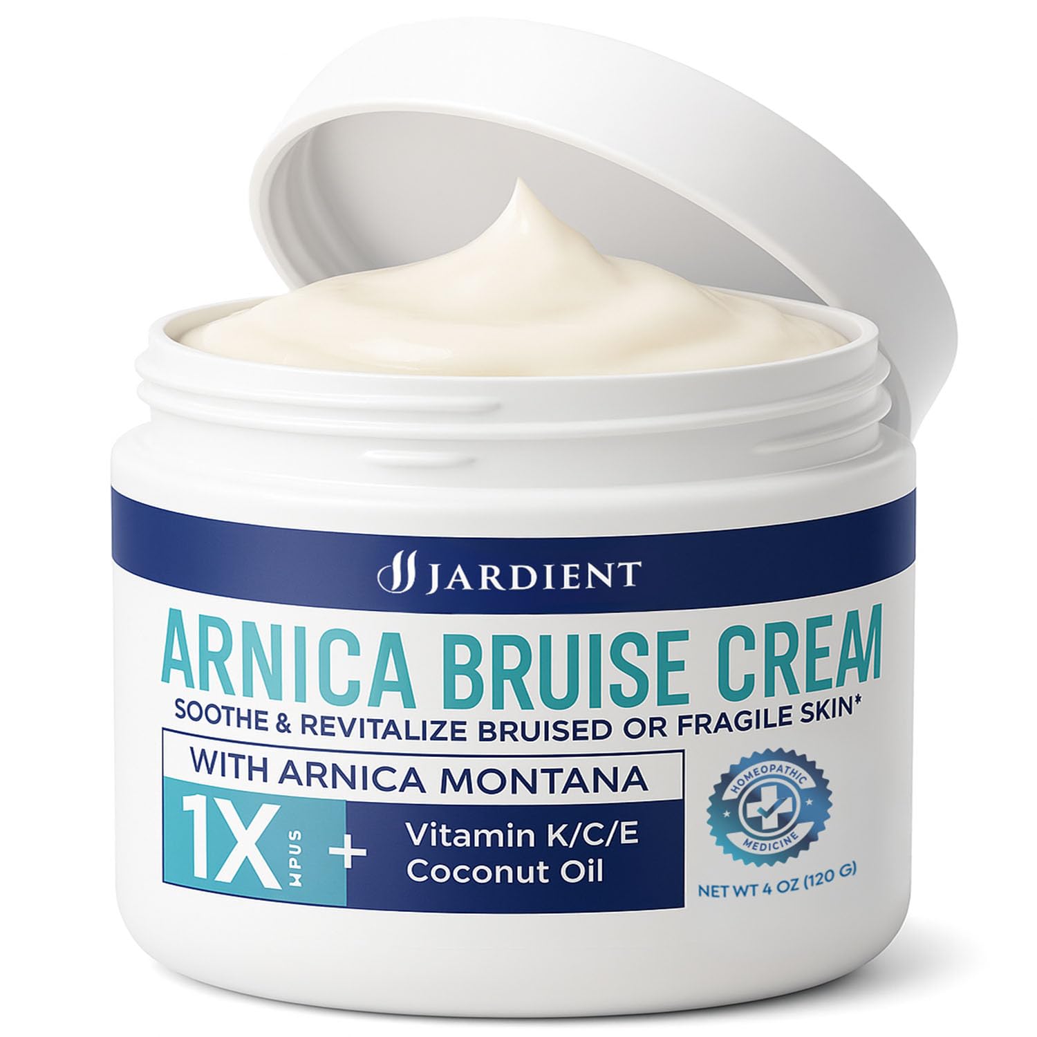 Jardient Arnica Bruise Cream Extra-Strength in jar calms bruising on delicate skin