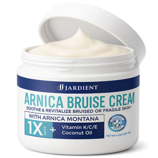 Jardient Arnica Bruise Cream Extra-Strength in jar calms bruising on delicate skin
