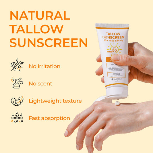 Jardient Beef Tallow Sunscreen SPF 50 application on hand for easy coverage.