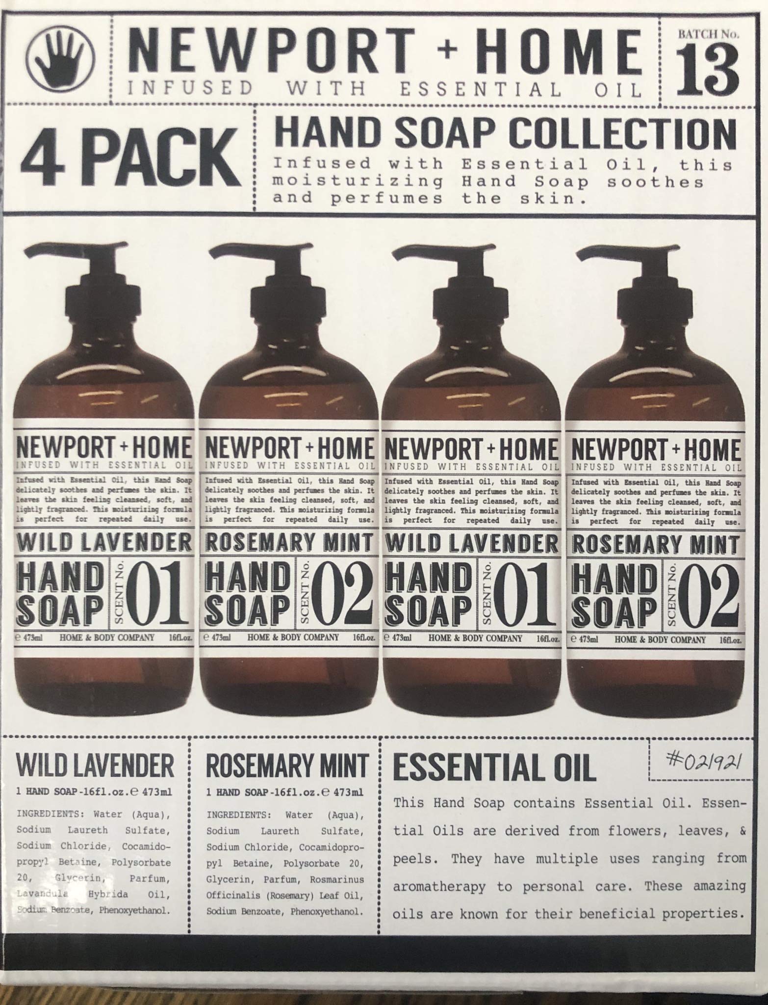 JAROFUREL Newport hand soap bottles arranged on a clean glass pump set for daily use.