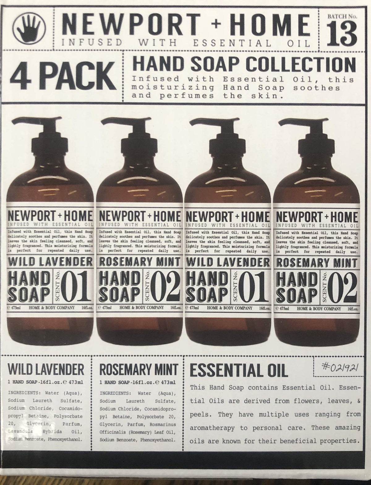 JAROFUREL Newport hand soap bottles arranged on a clean glass pump set for daily use.